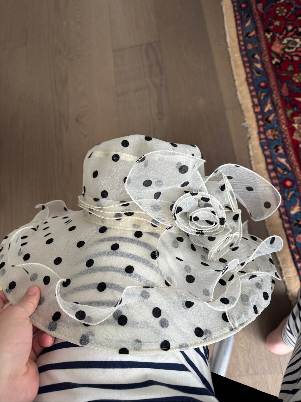 Elegant White Polka Dot Dress Hat with Floral Accent